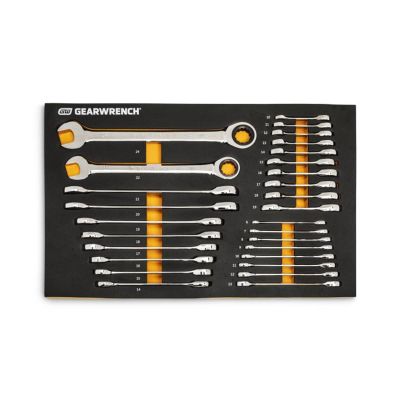 KDT86527 image(0) - GearWrench 28 Piece 72-Tooth 12 Point Metric Standard & Stubby Combination Ratcheting Wrench Set with Foam Storage Tray