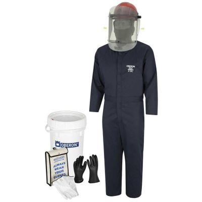 OBRZCF059-9 image(0) - Oberon OBERON™- 8 Cal HRC2™ Electric Vehicle Arc Flash & Shock Kit: TCG Arc Flash Face Shield w/Hard Cap, Balaclava, Coverall with Escape Strap, Safety Glasses, Class 0 Glove Kit - Size 9, Earplugs & Storage Bucket - Siz