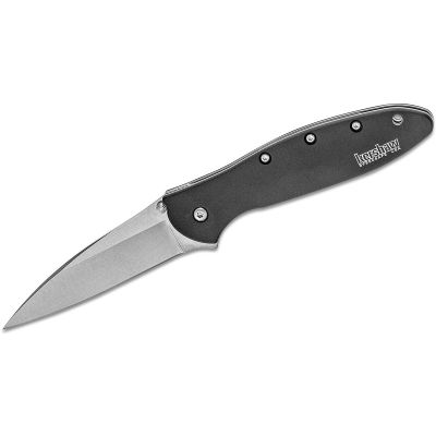 KER1660SWBLK image(0) - Kershaw Leek Assisted Open Liner Lock Drop Point Blade EDC Folding Pocket Knife with StoneWashed Finish - Black