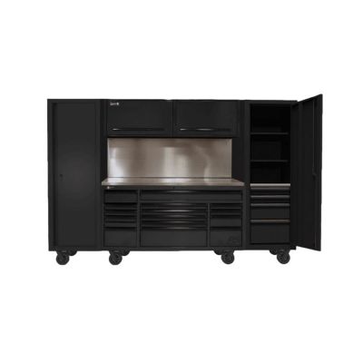 HOMBKCTS12001 image(0) - Homak Manufacturing 120" RS PRO CTS Roller Cabinet & Side Lockers Combo with Solid Backsplash - Black