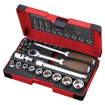 VESHRW2303MW image(0) - Vessel Tools WOOD-COMPO Socket Wrench Set No.HRW2303M-W 1/4" & 3/8" SQ Drive 36PC. Set