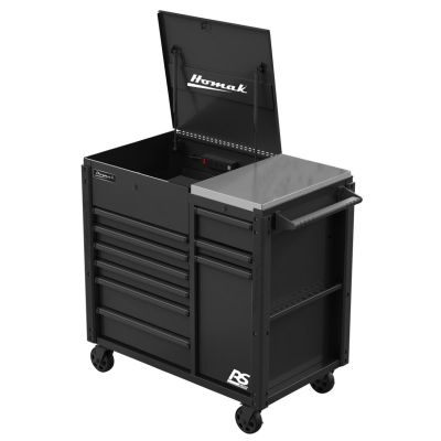 HOMBK06044090 image(0) - Homak Manufacturing 44 Inch RS Pro 9 Drawer Flip Top Power Service Cart w/ Workstation - Black