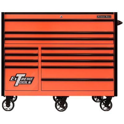 EXTRX552512RCORBK-X image(0) - Extreme Tools Extreme Tools RX Series Professional 55"W x 25"D 12 Drawer Roller Cabinet 150 lbs slides Orange, Black Drawer Pulls