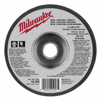 MLW49-94-6305 image(0) - Milwaukee Tool 6" x .045" x 7/8" Cut-Off Wheel (Type 27)