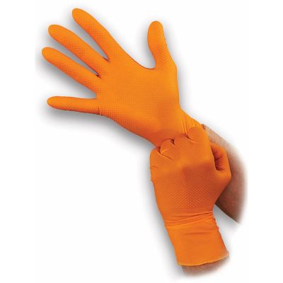 BLGOO-S image(0) - Atlantic Safety Company Super tough orange 8mil powder free nitrile disposable gloves with aggressive diamond grip. Touchscreen compatible, food safe and resists most chemicals. Latex Free. Not for Medical Use. 100/box. Sm