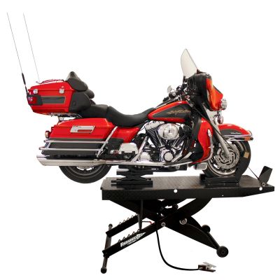 ROT1000MCLDTMFBK image(0) - Forward Lift Portable Motorcycle / ATV Lift, Air Operated W/ Dolly, Adjustable Vise And Removable Side Extensions Included. Max Lifting Height 33". 24" Wide (48" With Included Side Extensions Installed), 113" Length (93" Withou