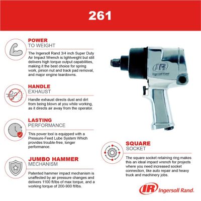 IRT261 image(1) - Ingersoll Rand 3/4 Inch Air Impact Wrench, Super Duty, 1100 ft-lb Torque, Friction Ring Retainer, Pistol Grip