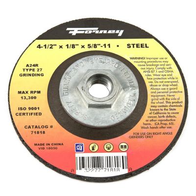 FOR71818 image(0) - Forney Industries Grinding Wheel, Metal, Type 27, 4-1/2 in x 1/8 in x 5/8 in-11