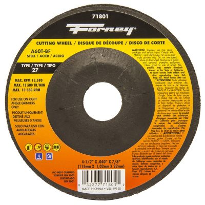 FOR71801 image(0) - Forney Industries Cut-Off Wheel, Metal, Type 27, 4-1/2 in x .040 in x 7/8 in