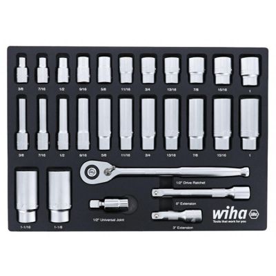 WIH33896 image(0) - Set Includes - 11 Standard Sockets 3/8” - 1” | 13 Deep Sockets 3/8” - 1-1/8” | 1/2” Dr. Ratchet 72 Tooth | 1/2” Dr. Extension Bars 3”, 6” | 1/2” Dr. Universal Joint