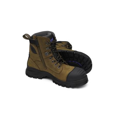 BLU983-085 image(0) - Blundstone Steel Toe Lace Up Side Zip, Water Resistant, Bump Cap, Puncture Resistant Insole, Crazy Horse Brown, AU size 8.5, US size 9.5