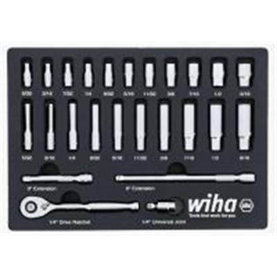 WIH33396 image(0) - Wiha Set Includes - 11 Standard Sockets 5/32” - 9/16” | 10 Deep Sockets 5/32” - 9/16” | 1/4” Drive Ratchet 72 Tooth | 1/4” Drive Extension Bars 3”, 6” | 1/4” Drive Universal Joint