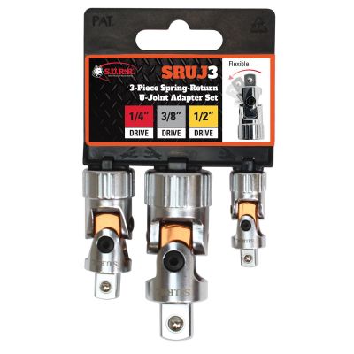 SRRSRUJ3 image(0) - S.U.R.&R. SRUJ3 3-Piece 3/8" female Spring-Return U Joint Adapter Set with dual springs for maintaining alignment and precise control. Excellent for Use in Tight Spaces and One-Handed Operation.