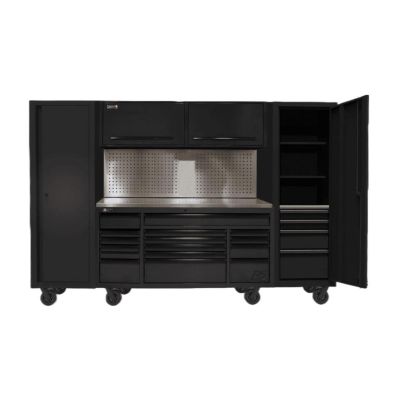 HOMBKCTS12002 image(0) - Homak Manufacturing 120" RS PRO CTS Roller Cabinet & Side Lockers Combo with Toolboard Backsplash - Black