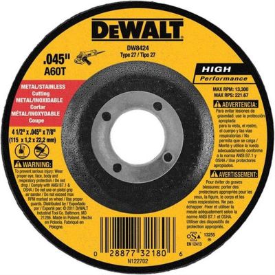 DWTDW8424 image(0) - DeWalt CUT-OFF WHEEL 4 1/2 X .045 X 7/8 DEPRESS.CTR.