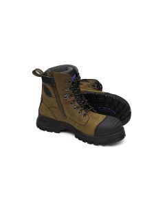 BLU983-060 image(0) - Blundstone Steel Toe Lace Up Side Zip, Water Resistant, Bump Cap, Puncture Resistant Insole, Crazy Horse Brown, AU size 6, US size 7