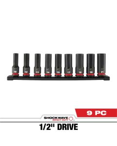 MLW49-66-7032 image(0) - Milwaukee Tool 9PC SHOCKWAVE Impact Duty 1/2" Drive Metric Deep 6 Point Socket Set